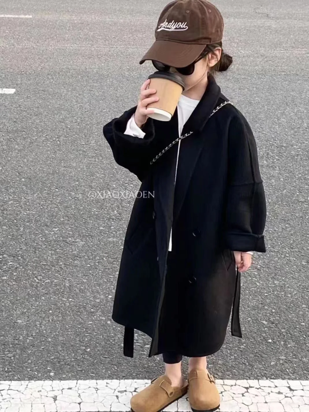 Autumn And Winter Long Black New Children's Clothing Children's Woolen Coat Wool Coat Autumn Woolen Coat South Korea ﻿