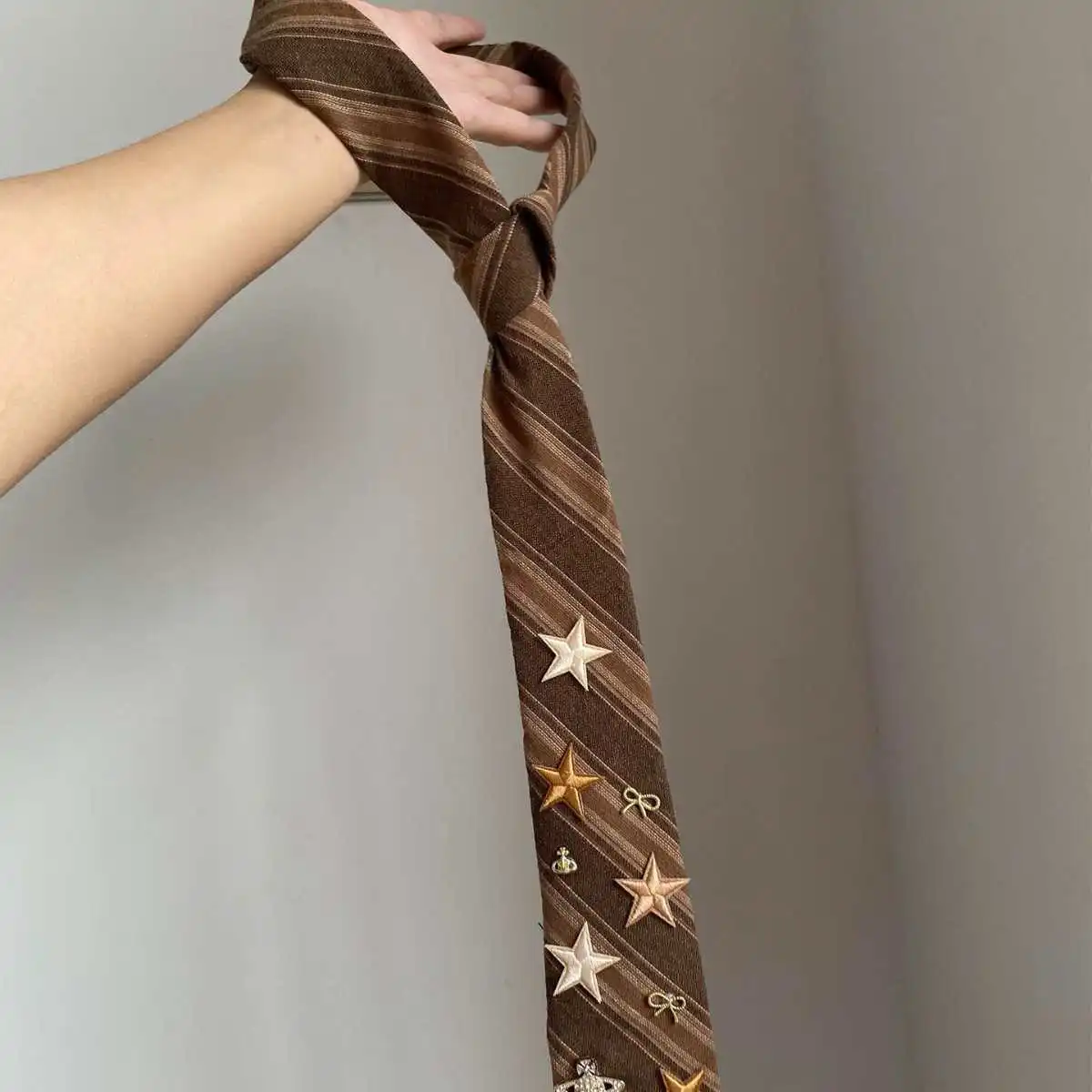 Women's Retro Brown Striped Necktie with Embroidered Stars and Bow Charms, Preppy Shirt Accessory