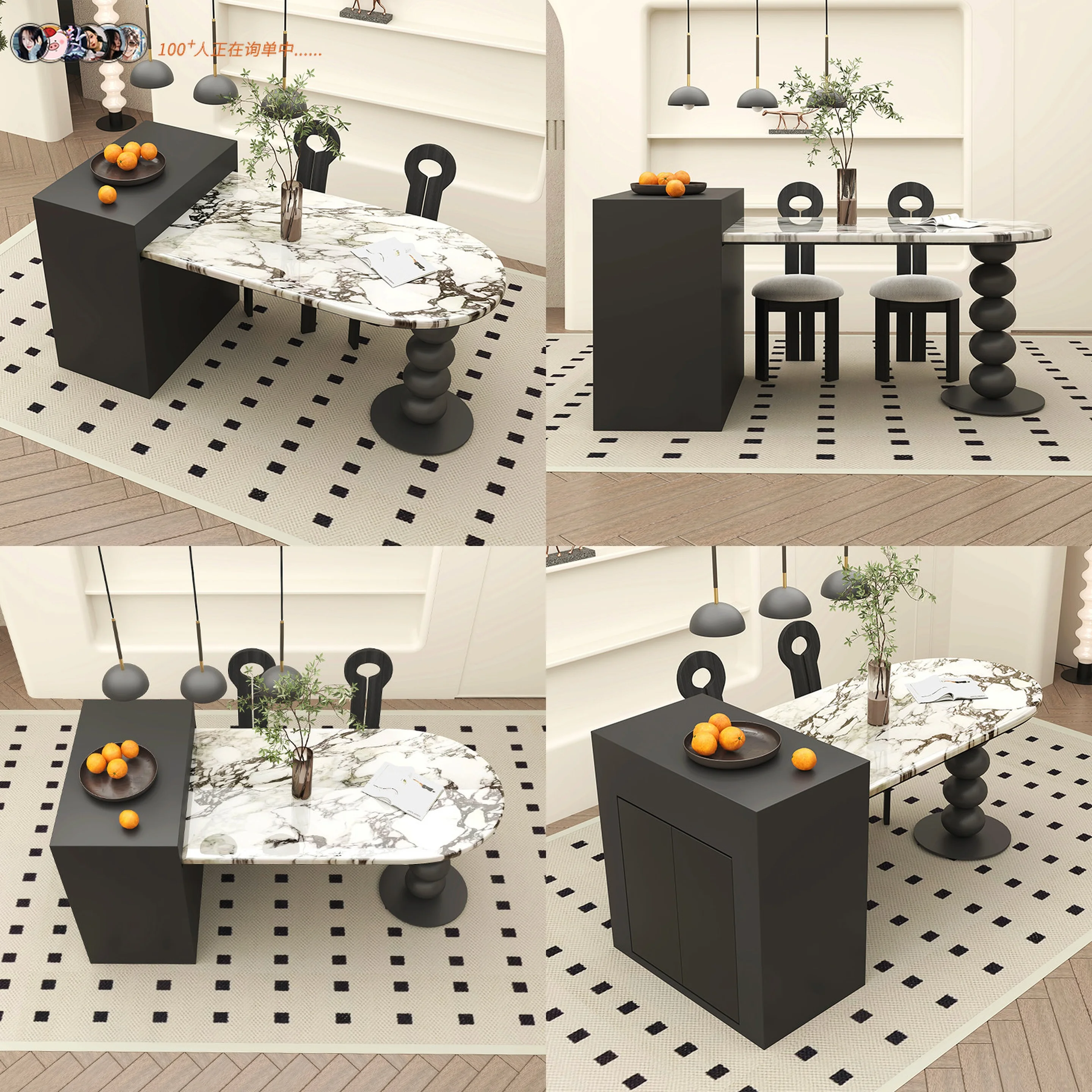French Retro Marble Extendable Dining Table Foldable Home Luxury Cream Style Adjustable Island Table