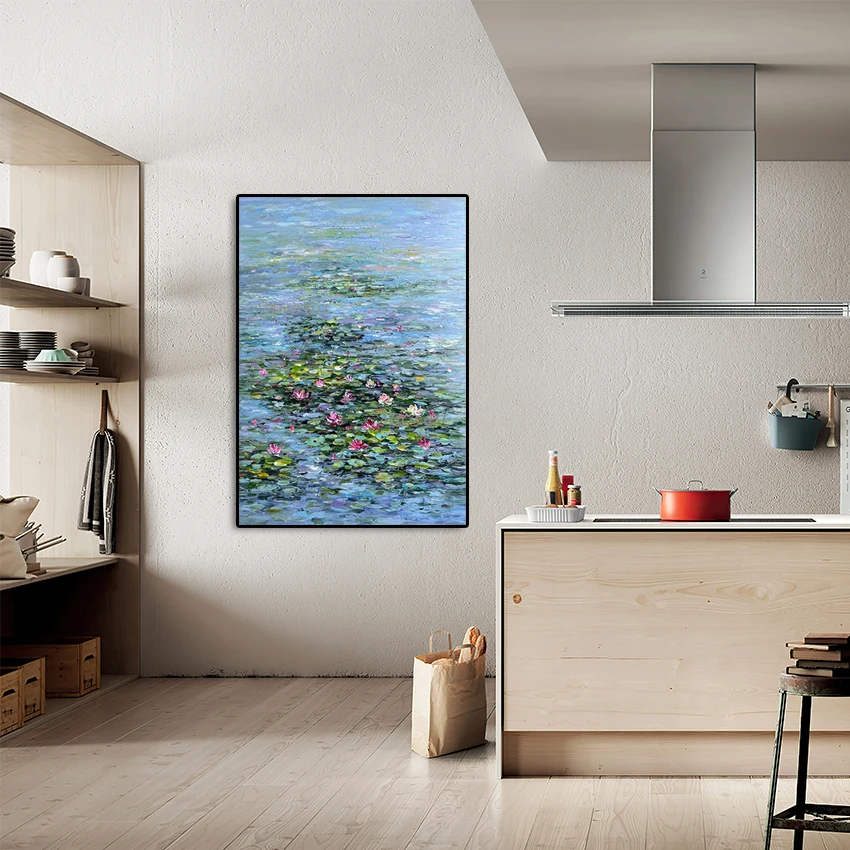 

New Arrival, Lotus Flower Painting, Picture Beautiful Scenery Canvas Handmade Abstract Floral Landscape Art Wall, No Framed