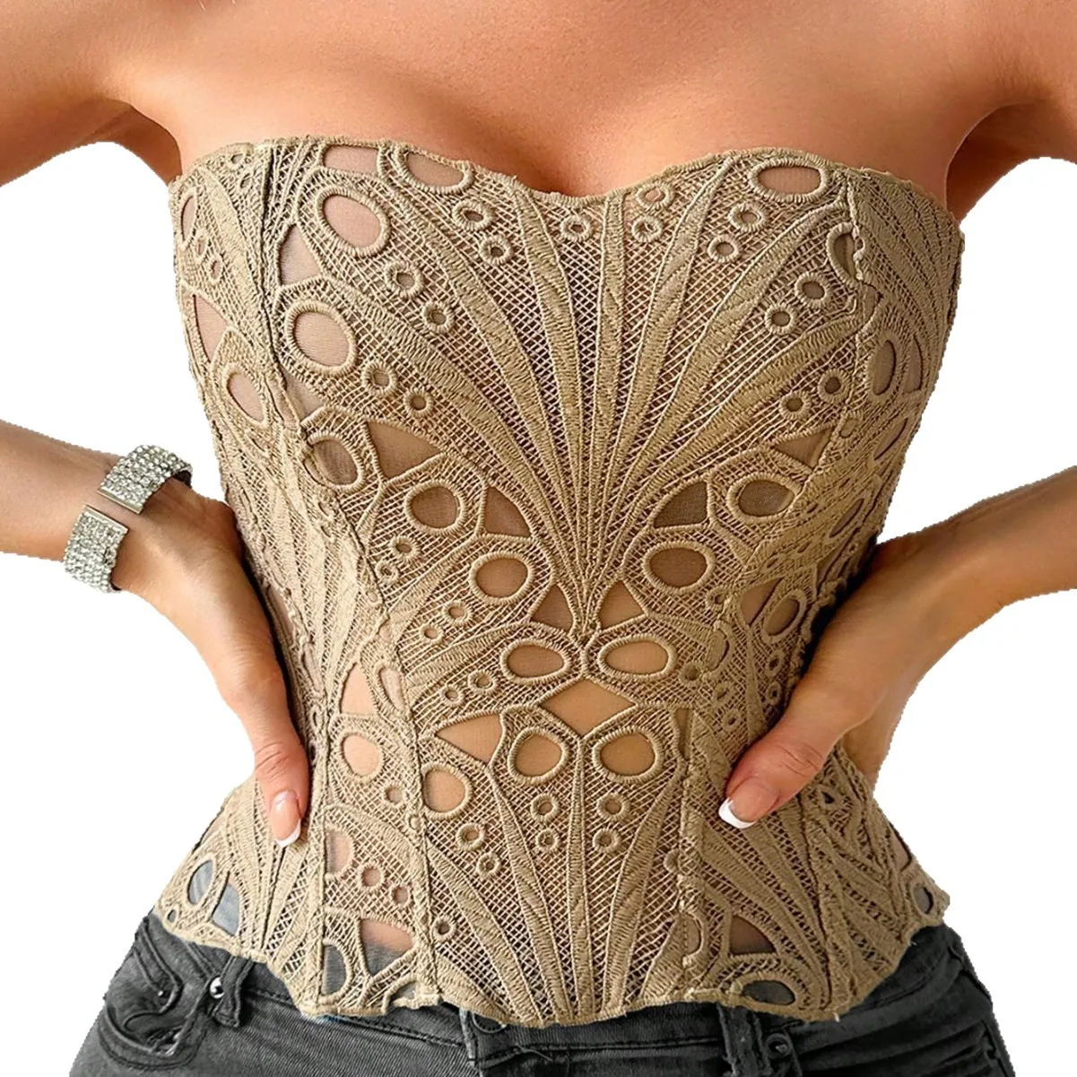 Women's Strapless Floral Lace Corset Top Hollow Out Slim Waist Shaper Underwear Vintage Party Bustier Back Lace-up Tube Top Club view 5
