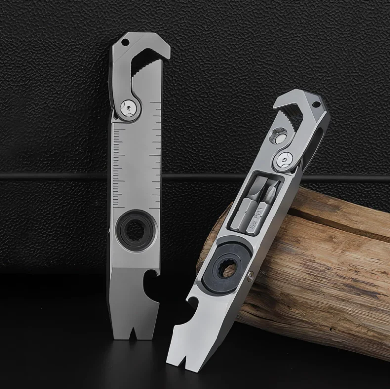 Lightweight Titanium EDC Pry Bar Tool Keychain Multitool Screwdriver with Hex Key Adjustable Wrench for Everyday Carry