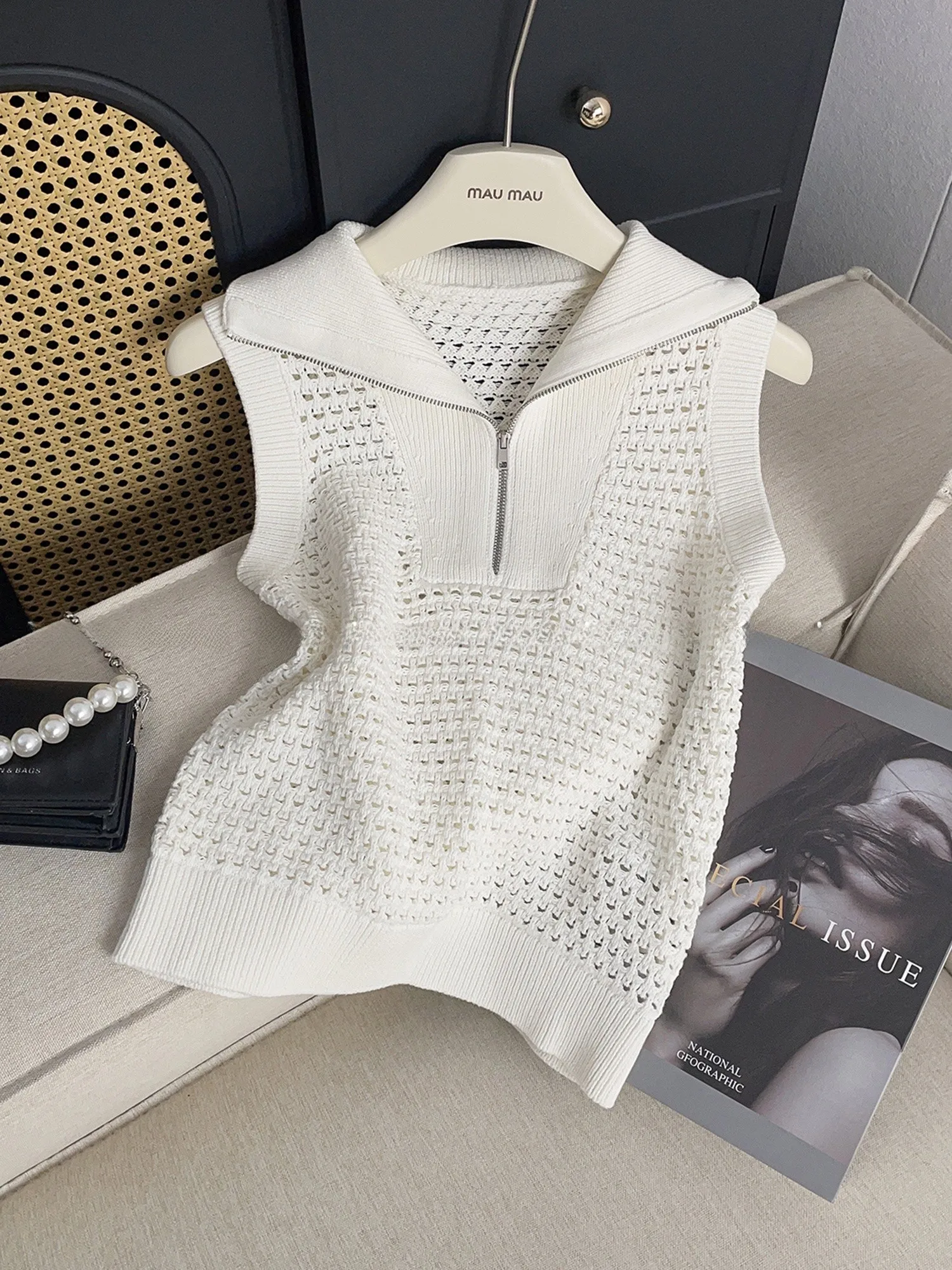 

Casual Sle Summer New Svel Knitted Vest Faionable Slimming Zipper f Open Collar Hollow out Top for Women