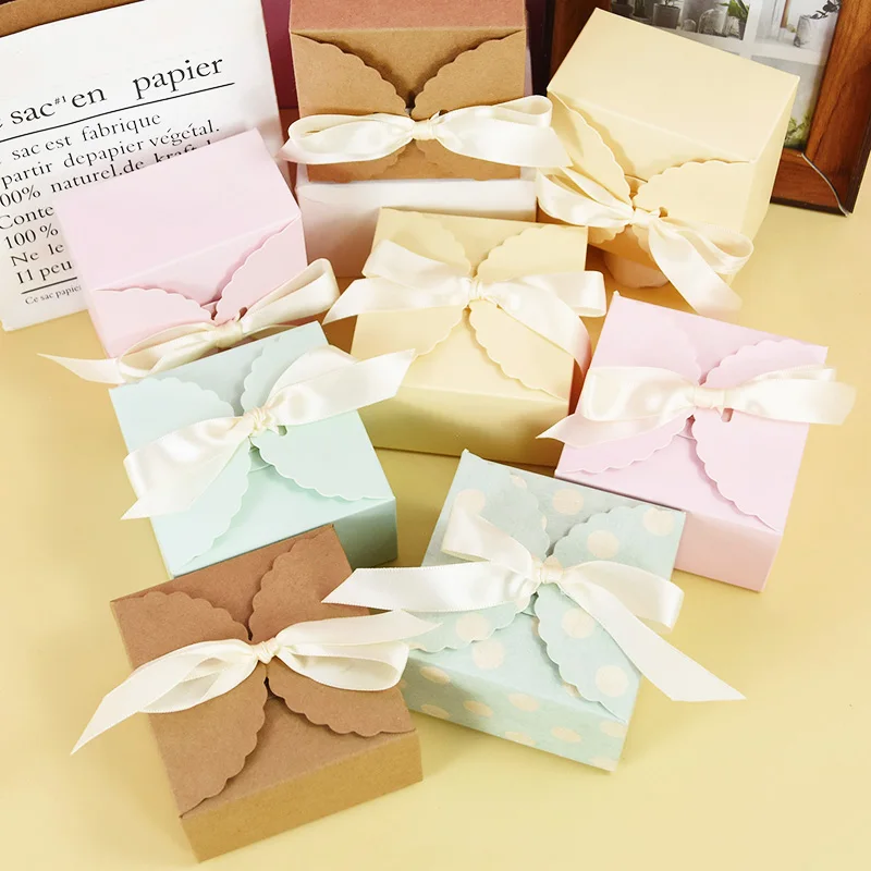 5pieces polka dot kraft paper candy box lace bow baby shower birthday wedding party supplies gift packaging cookie chocolate box