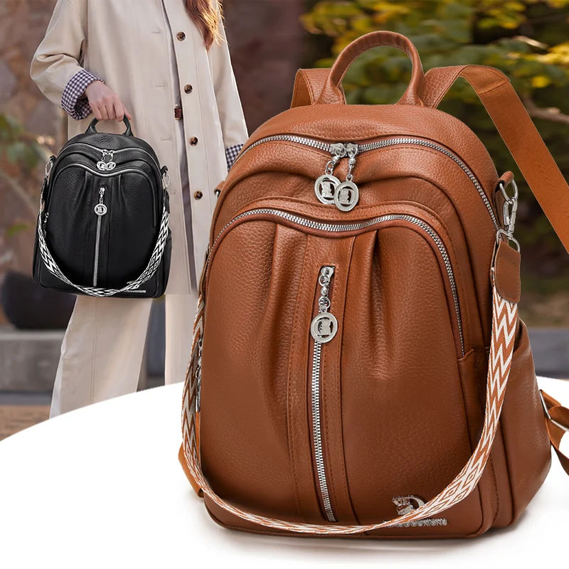

Nw Fashion Large Capacity PU Leather Backpack for Women with Double Zipper and Metal Charms Daily Commute Casual Rucksack Purse