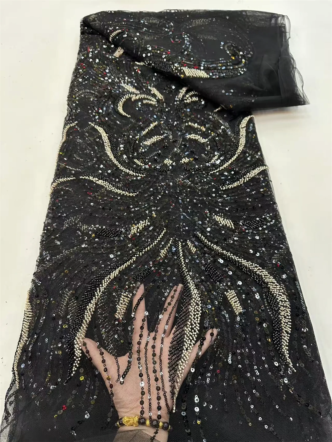 Tessuto di pizzo francese con paillettes a fiori botanici, tessuto a rete in tulle artigianale pesante per abiti da trascinamento, 5 metri, multicolore