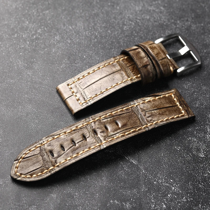 Handmade Brown Bamboo Pattern Genuine Leather Strap 20MM 22MM 24MM 26MM Vintage Style Head Cowhide Bracelet