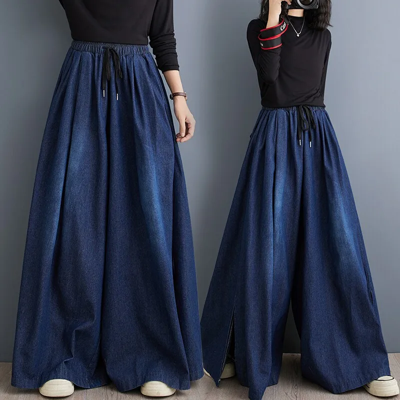 SuperAen Denim Full Length Pants for Women 2026 Autumn New Artistic Simple Side Slit Casual High Waist Wide Leg Pants