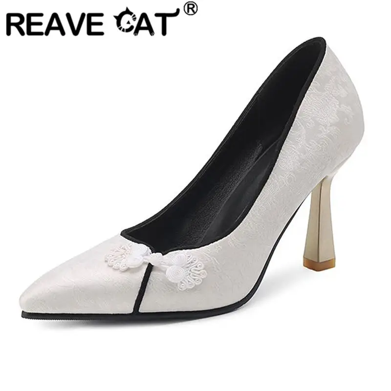 

REAVE CAT Элегантные женские туфли-лодочки с острым носком на высоком каблуке 9 см без шнуровки с вышивкой в этническом стиле Размер 42 43 Сексуальная обувь для вечеринок и свиданий