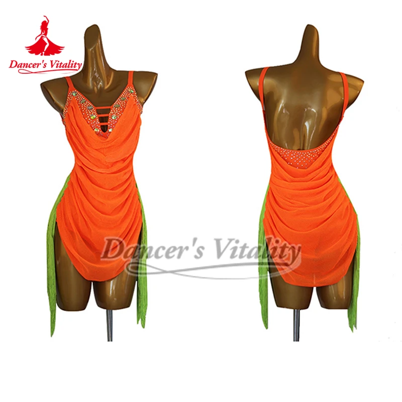 Latin Dance Orange Sleeveless Backless Chest Pads Can Be Dismantle Slip Dress Adult Chacha Samba Performance Outfit Customize