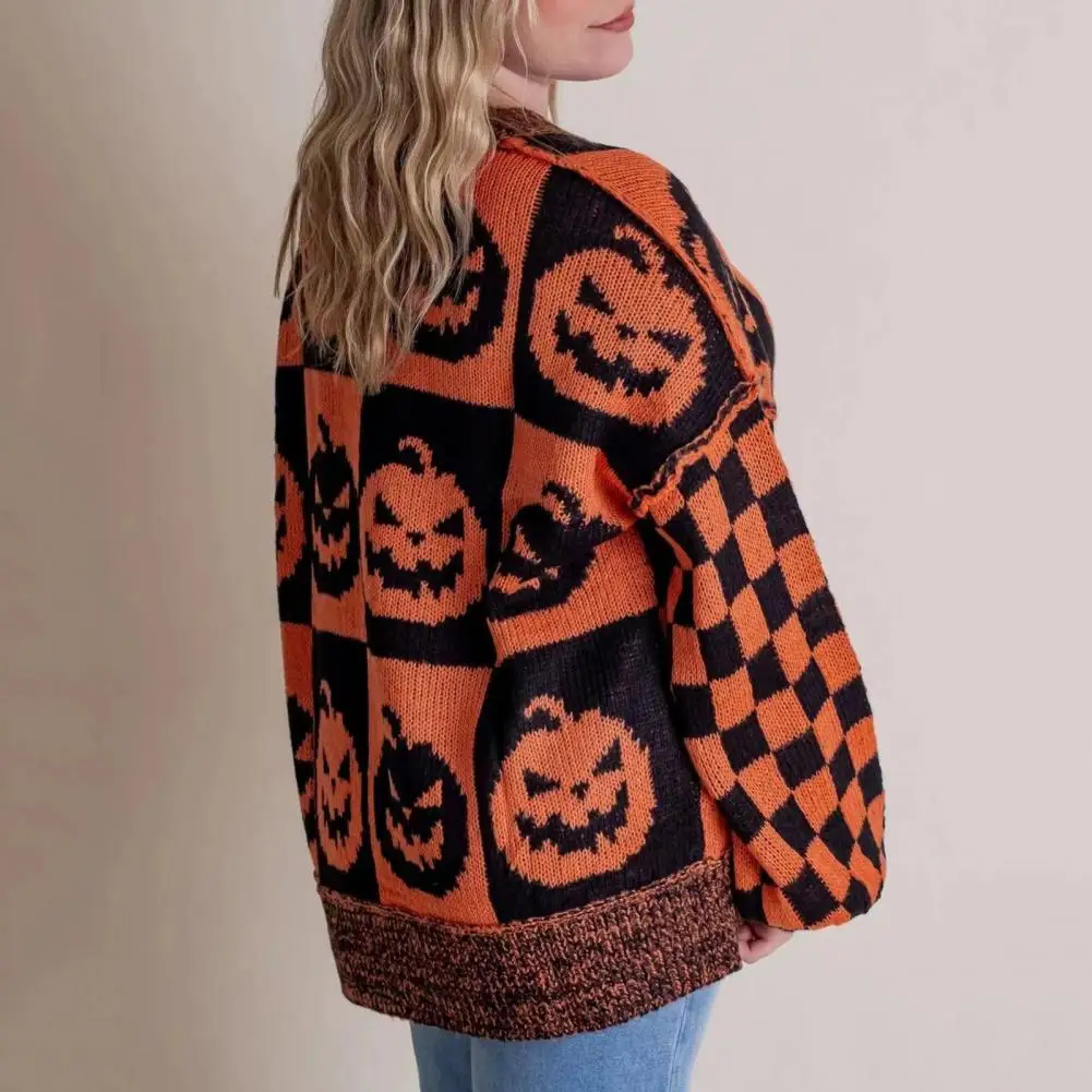 Halloween Upiorny Sweter w kratę Dynia Duch Wzór Dzianinowe Topy Crew Neck Długi Rękaw Pulower Topy Dzianina