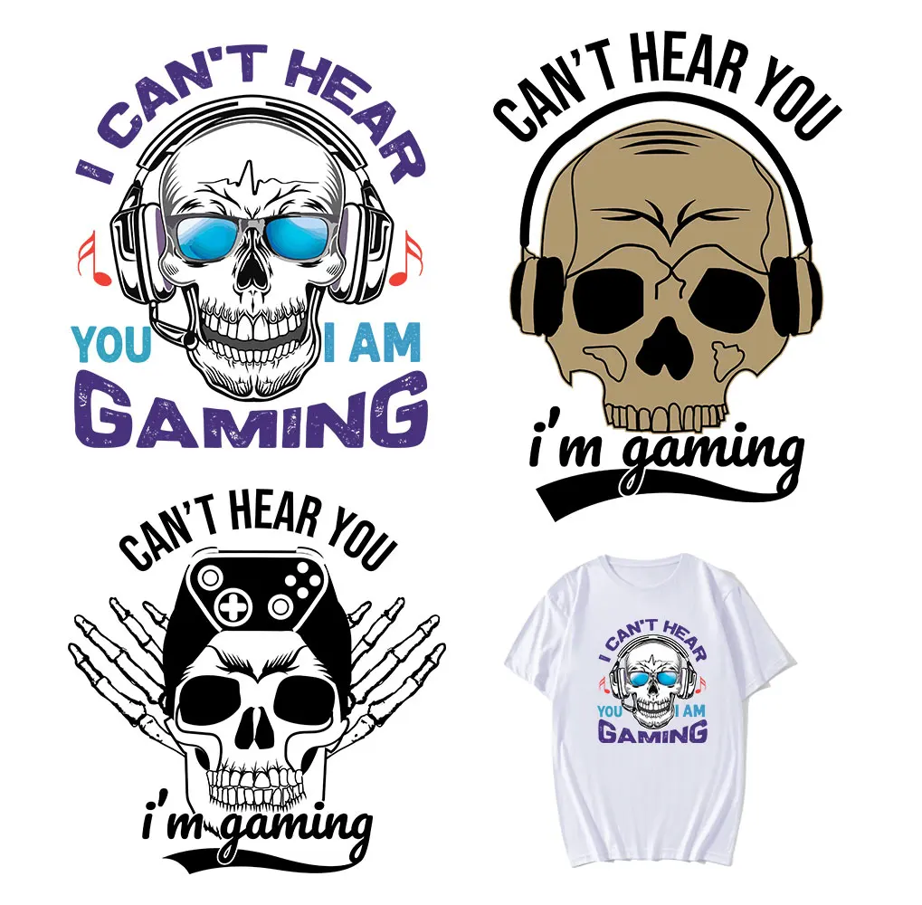 Cool Gaming I Can' Hear Skull Iron Stickers For Man T-shirt Music Heat Transfers For Clothes Applications For Clothes On Patches