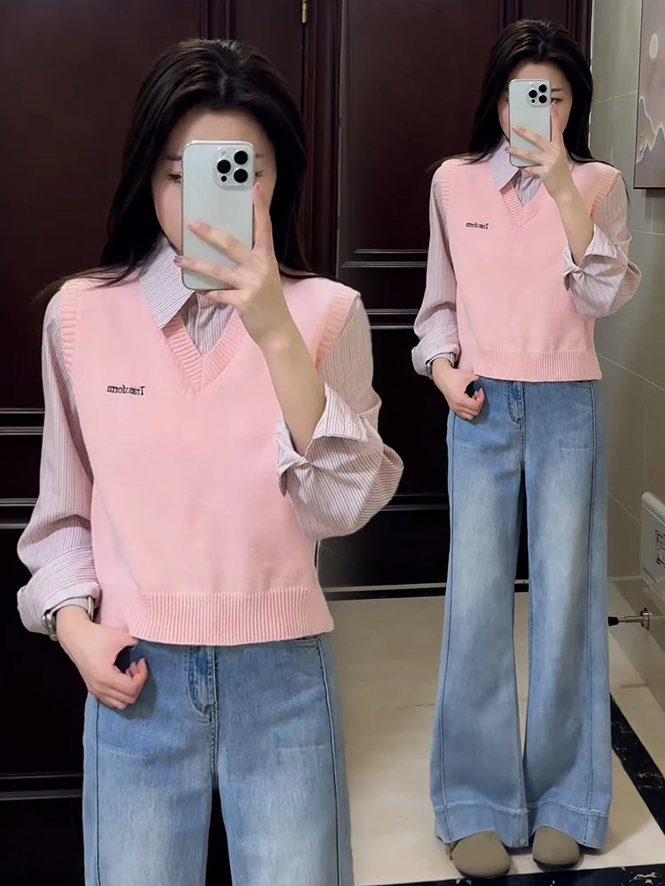 Pull tricoté amincissant pour femme, ample, Long, Sve v-ne, une pièce, faux ensemble deux pièces, nouvelle collection automne