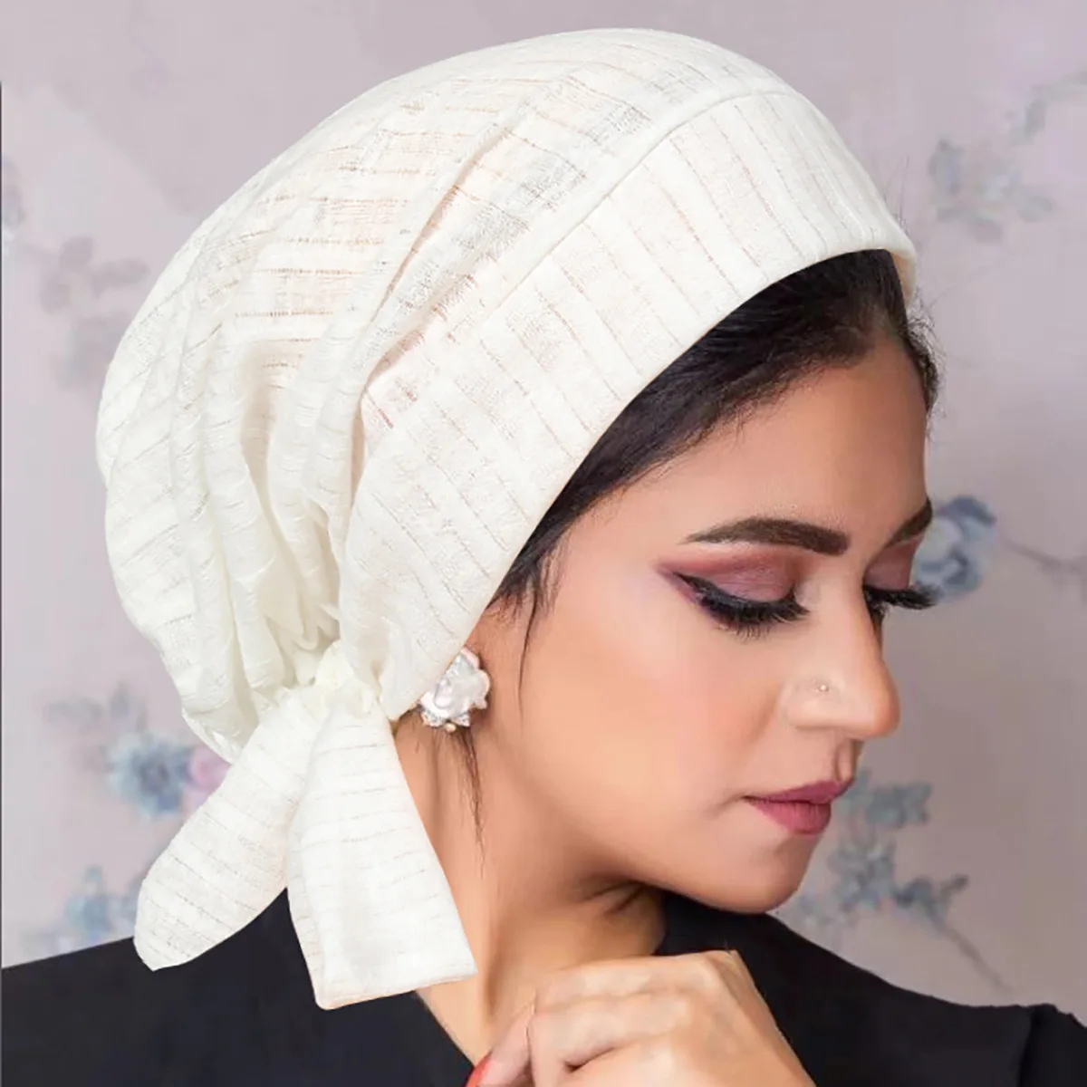 Trendy Stripe Long Tail Hijab Turban Hats Muslim Solid Color Head Wraps Elastic Breathable Chemo Cap For Women Girls