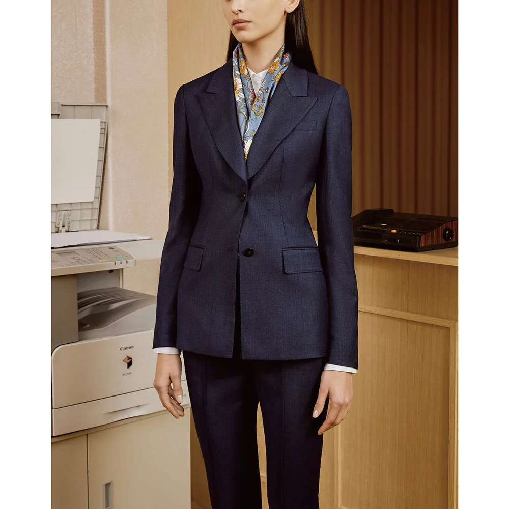 

Navy blue Single Breasted Peaked Lapel Woman Slim Suits 2 Pieces Blazer+Pants Set Formal Party Sets Office Lady Daily Sets