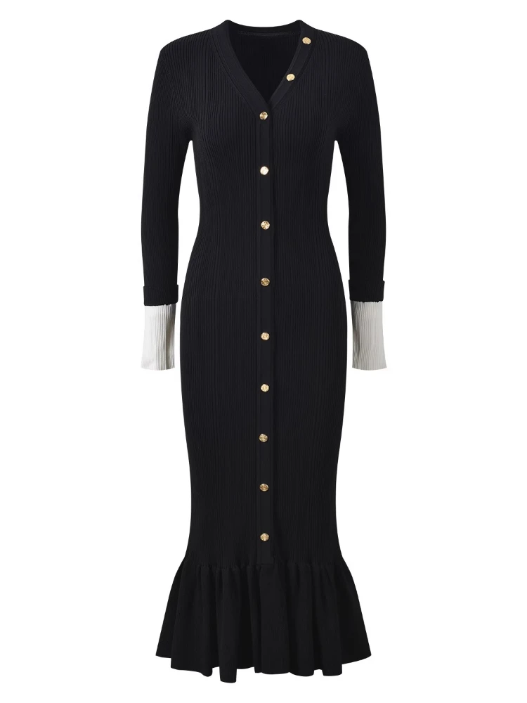 Vrouwen elegante gebreide jurk lente herfst sexy v-hals enkele rij knopen fishtail jurken lange mouwen Bocydon jurk vestidos - afbeelding 1