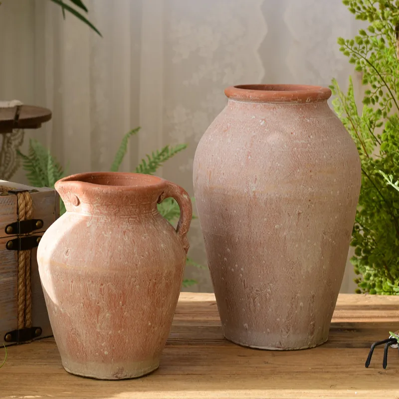 

Retro Clay Pot Large Diameter Porous Cerc Flower Vase Plant Pots Simple Red Clay Flower Insert Dried Flower Container