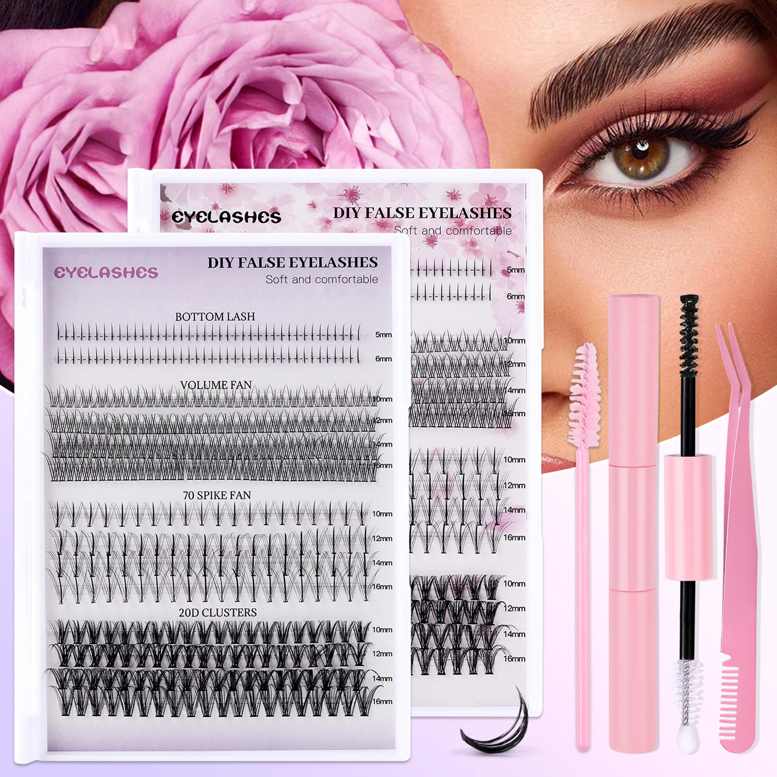 DIY Makeup Set Segmented Mixed Lash Bond and Seal Eyelash Glue Remover Applicator Lash Clusters Eyelash Extensions Complete Kit