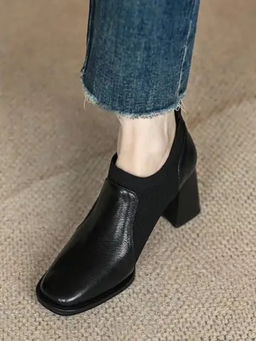 복고풍 하이힐 통근 브랜드 없음 청년용 일상 겨울 복고풍 니트 굵은 힐 사각 앞코 여성용 하이힐 스타일리시한 신발 하이힐