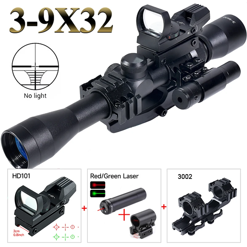 Tactical 3-9X32 Cross Reticle Illuminated Sight HD101 4 Reflex Reticle Dot with Red/Green Laser Combo Hunting for 20mm Rail