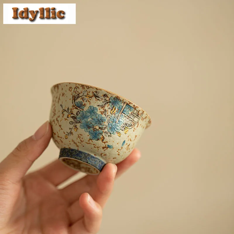 

2pc/lot Tracing Gold Blue And White Fire-stone Red Teacup Retro Tea Bowl Jug Tea-tasting Smelling Cup Chazhan Master Cups 70ml