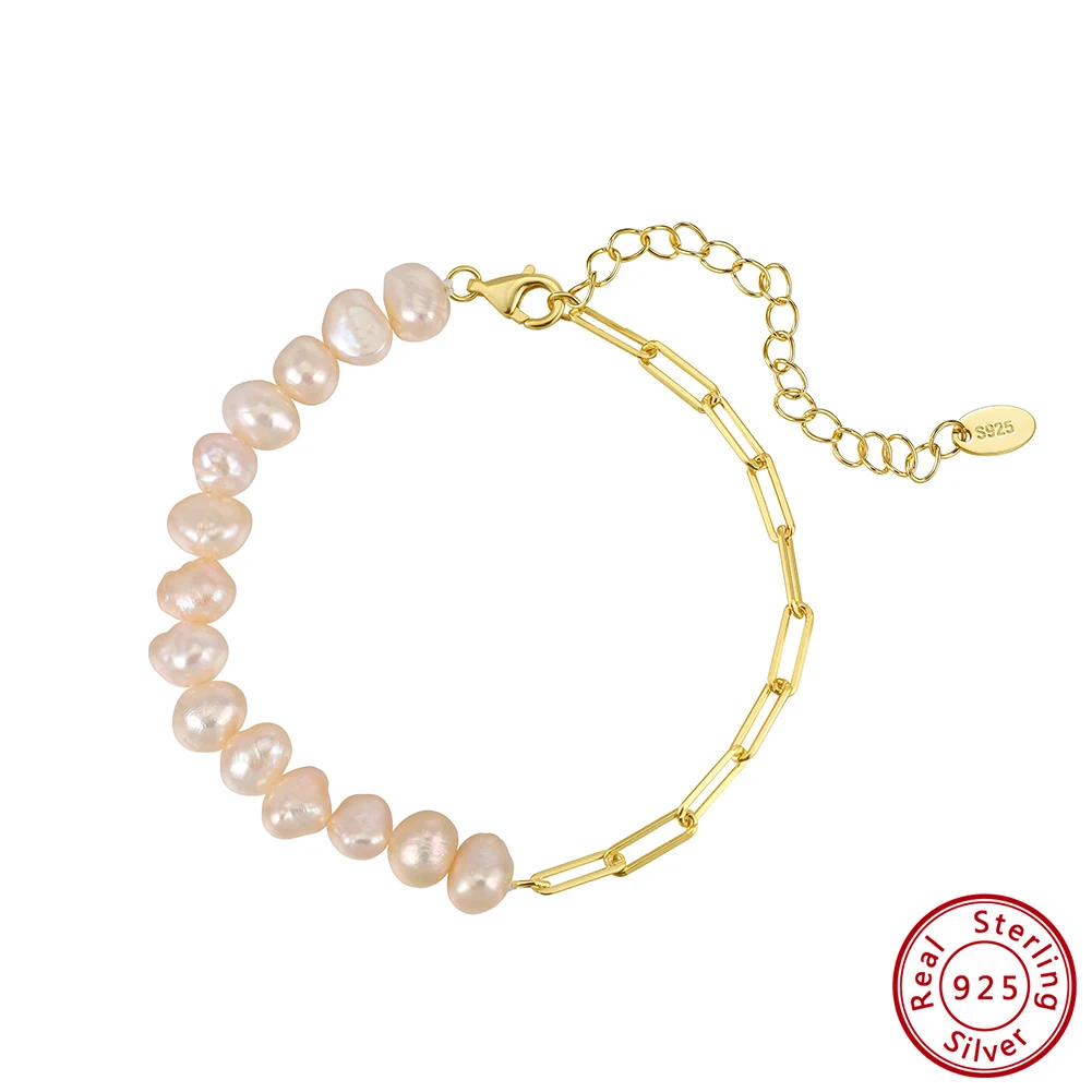 KISS MANDY Real Pink Pearls Beaded Bracelet for Women 925 Sterling Silver Paperclip Chain Bracelet with Pearls Jewelry GPB57