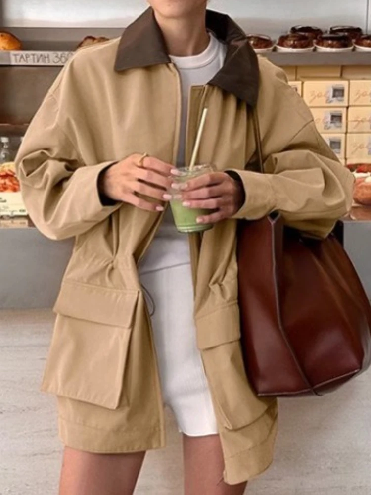 

Khaki Autumn Winter New Splicing Leather Loose Trench Coat Coat European American Fashion Coat Women Trench Coat for Women