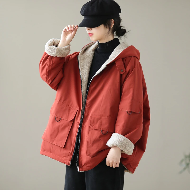 

Thiened Lamb Fur Women's Jaet Winter Clothes Warm Coat Hooded Cotton Outerwear plus Size Korean Sle Commute Faion
