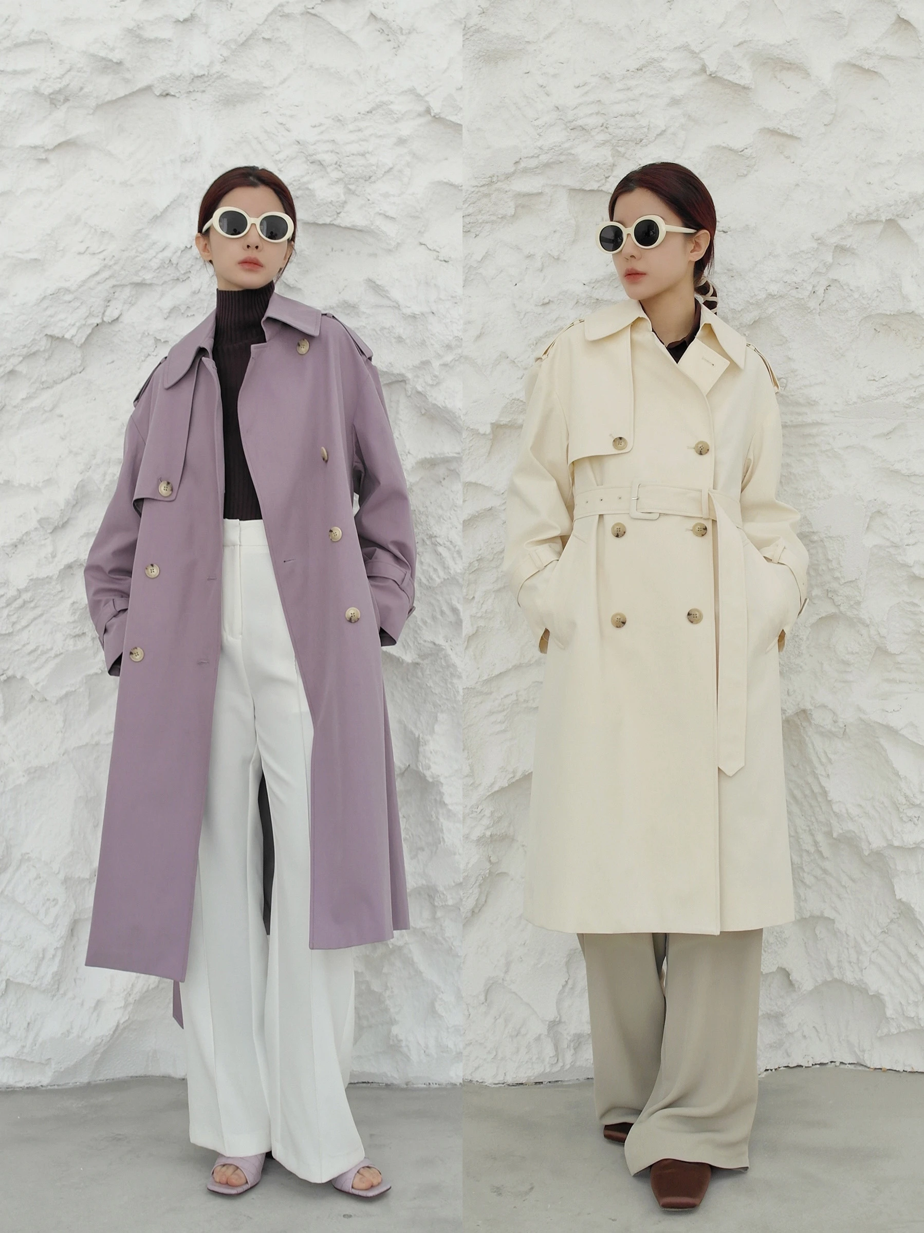 

TINNTINN Pure Cotton Ele Double-Row Button Long Waist Belted Loose Tailored Briti Sle Coat Spring Design Sensation