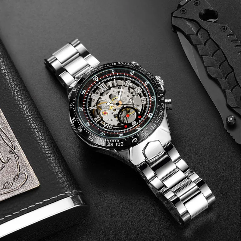 Skeleton Automatic Mechanical Watches for Men Top Brand Luxury Stainless Steel Strap Mechanical Wristwatches Relogio Masculino