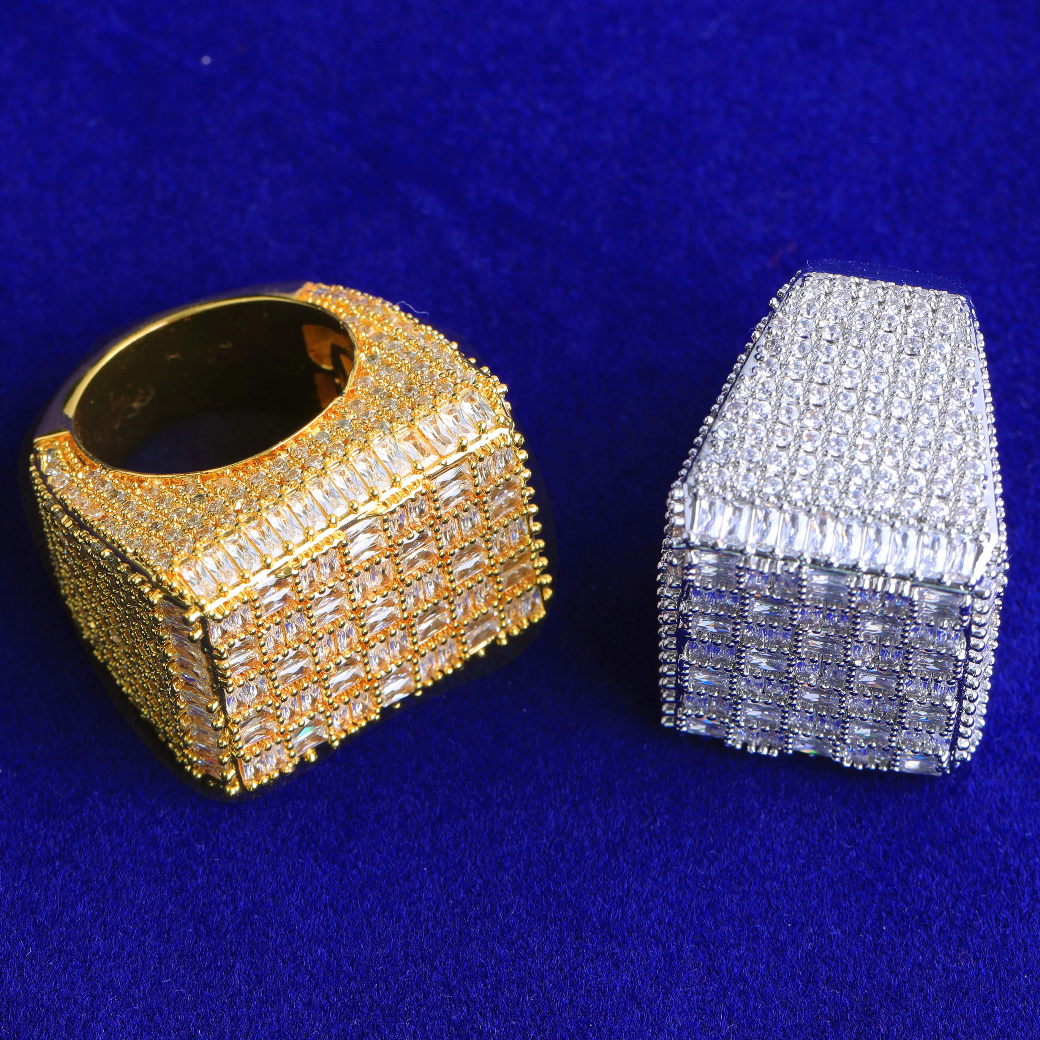 Aokaishen Rectangle Baguette Ring for Men Real Gold Plated Cubic Zirconia Hip Hop Jewelry