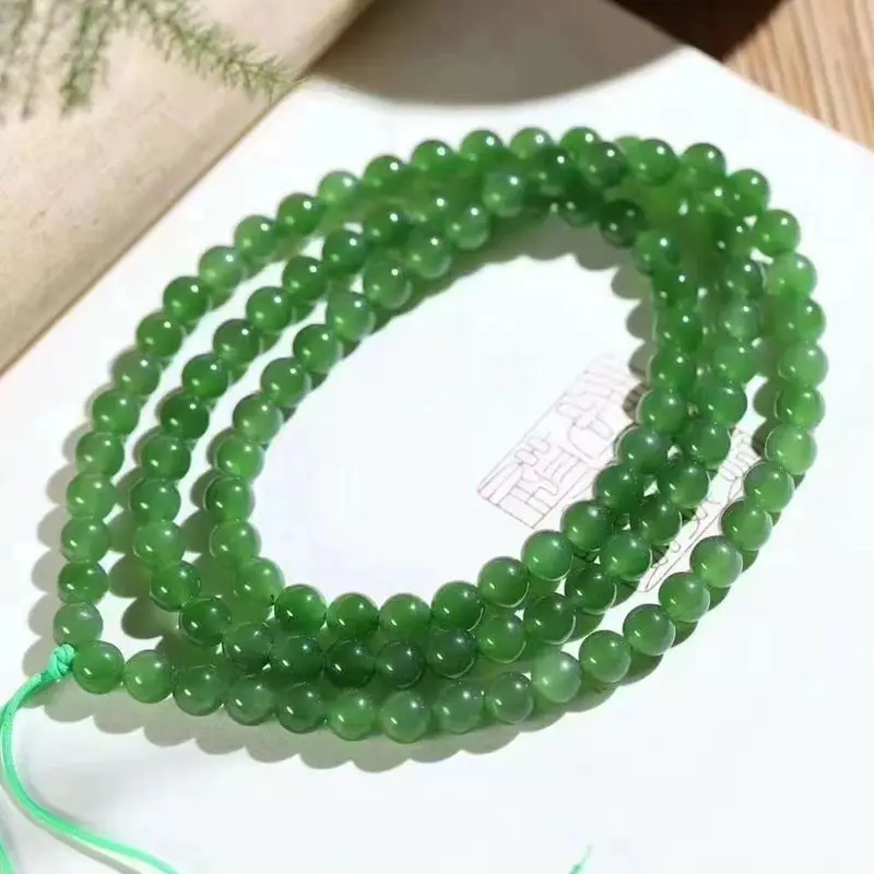 Hetian Jade Necklace Jasper Spinach Green 6Mm Round Plain Circle 108 Buddha Beads Chain Hanging Rope Men And