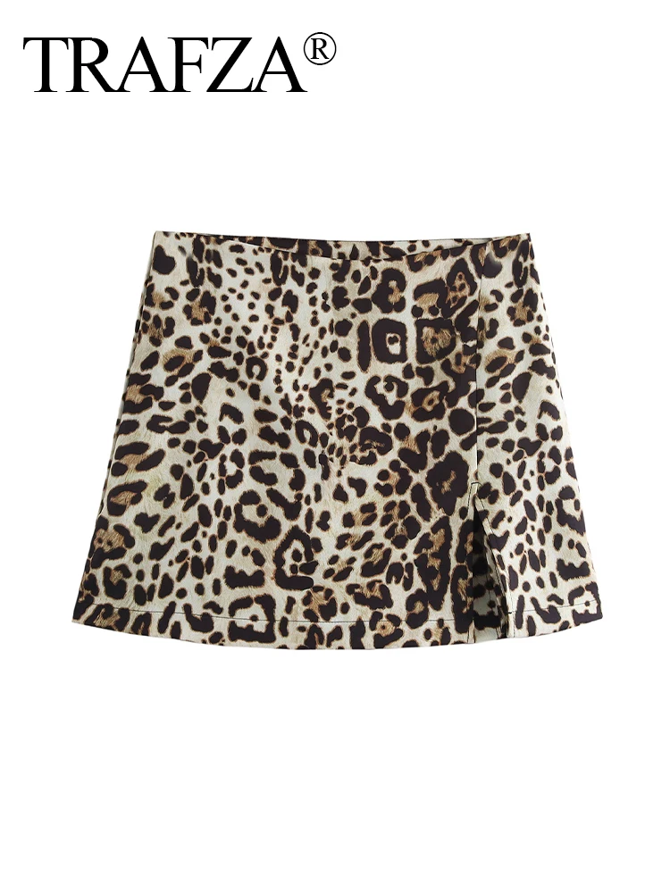 

TRAFZA Women's Sexy Elegant Leopard Print Skirt Female New Fashion Versatile High Waist Zipper Hem Slit Casual Mini Skirt Mujer