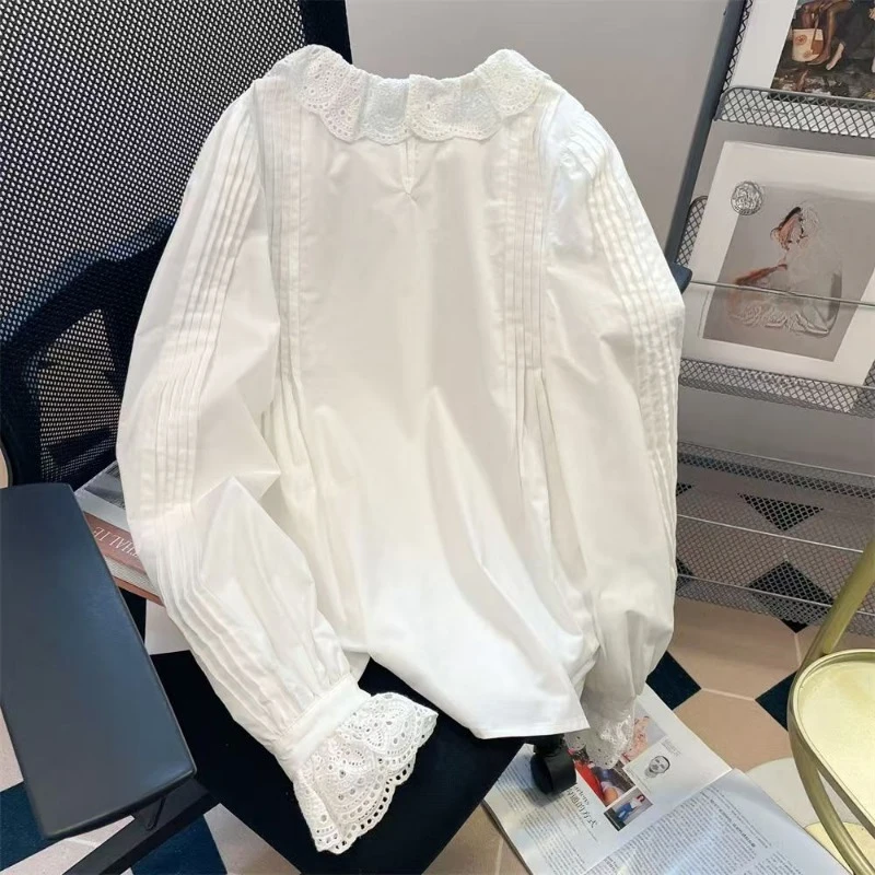 EBAIHUI camicia da donna in pizzo solido francese stile College camicetta con colletto Peter Pan bianco Top a maniche lunghe con bordo arricciato primaverile