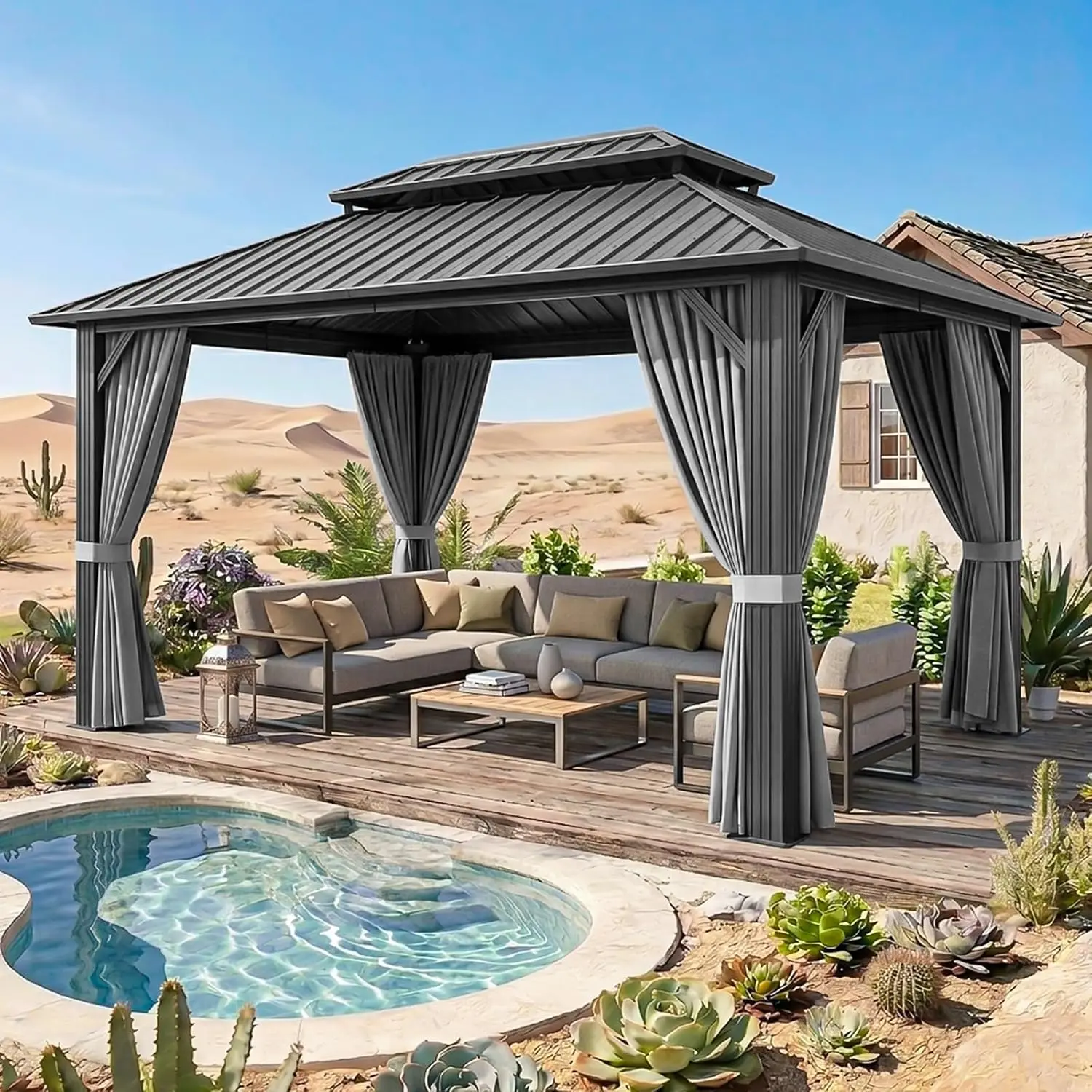 14x10FT Hardtop Gazebo Gray | Permanent Outdoor Pergola with Double Galvanized Steel Roof and Curtains and Netting, Customized