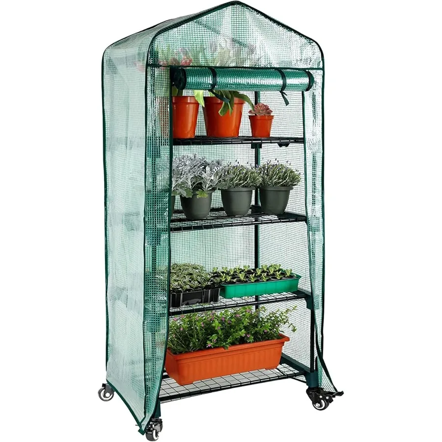 

Worth Garden 4 Tier Mini Greenhouse w/ Upgraded Castors Wheels - Portable Small Gardening Green House with PE Cover - Heavy Dut