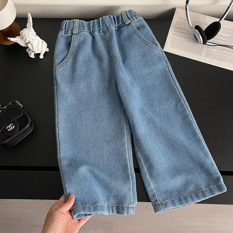 

2025 Autumn Girls Jeans Korean Style Wide Leg Stretchy Denim Pants Soft Comfortable Elastic Waist Casual Trousers 1-8 Years