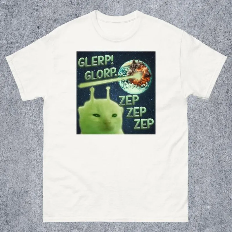 

Alien Cat Meme T-Shirt Funny Glerp Glorp Zep Tee Destroying Earth Graphic Shirt for Men Women Space Humor Casual Top