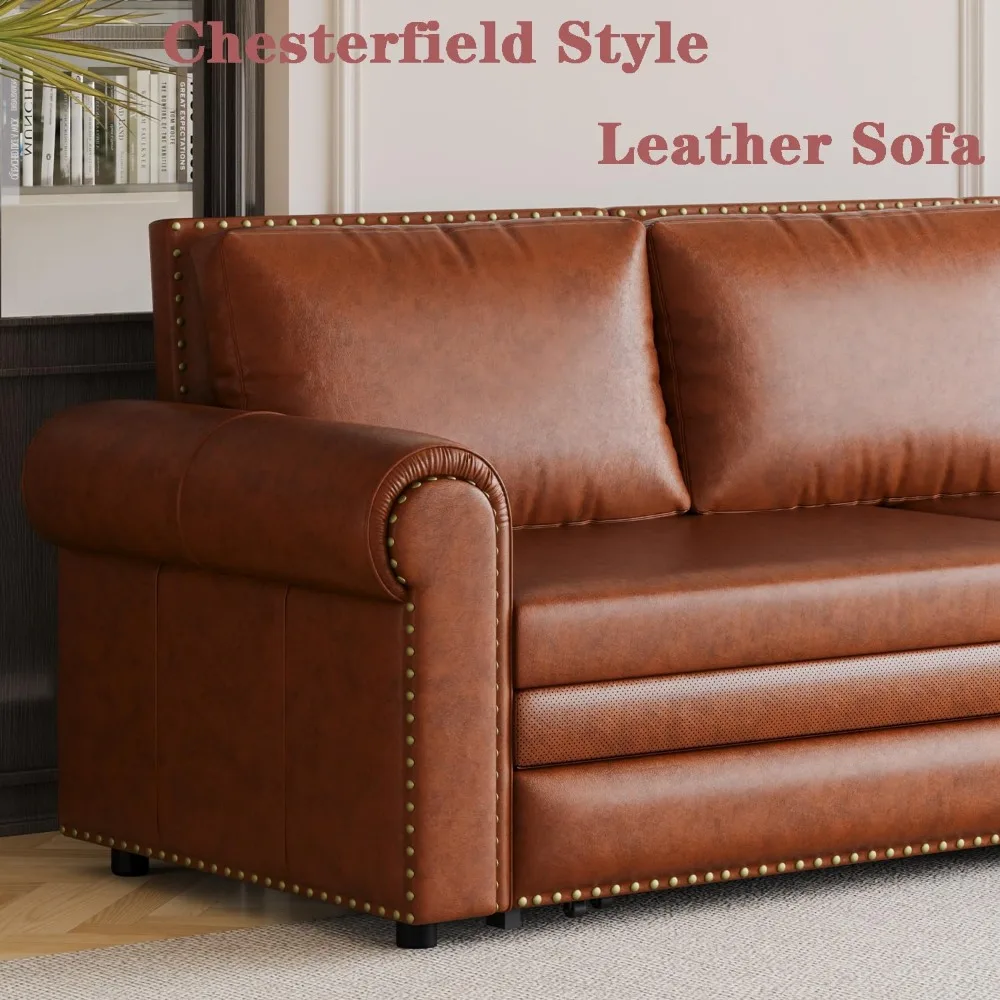 أريكة نوم من الجلد باللون البني الفاتح مقاس 3 مقاعد مع سرير قابل للسحب وميزات قابلة للتحويل 3 في 1 #4