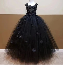 Girls black Flower Petals Tutu Dress Kids Crochet Tulle Dress Ball Gown Children Birthday Wedding Party Costume Evening Dress