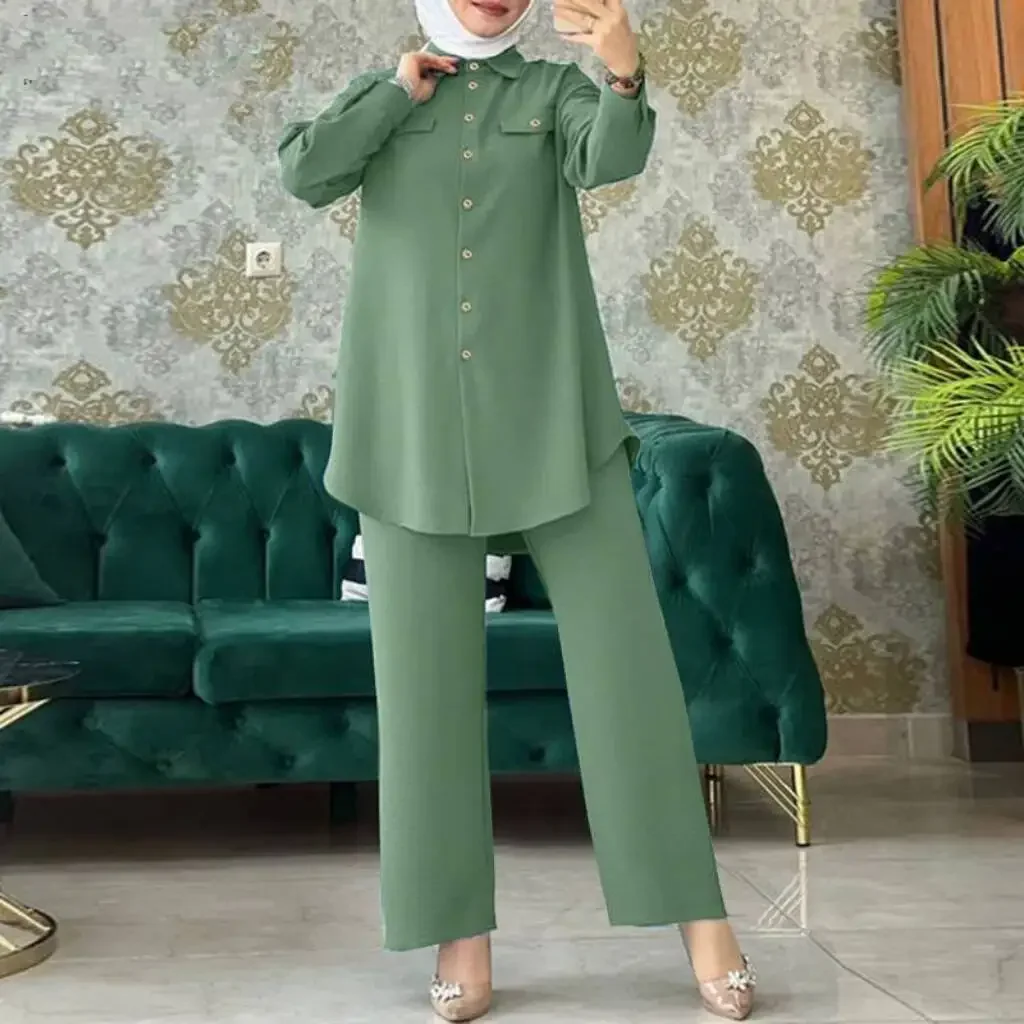 Women Fashiom Muslim Sets Casual Long Sleeve Blouse Trousers Suits Loose Pant Sets Two Piece Sets Outifits Matching Sets