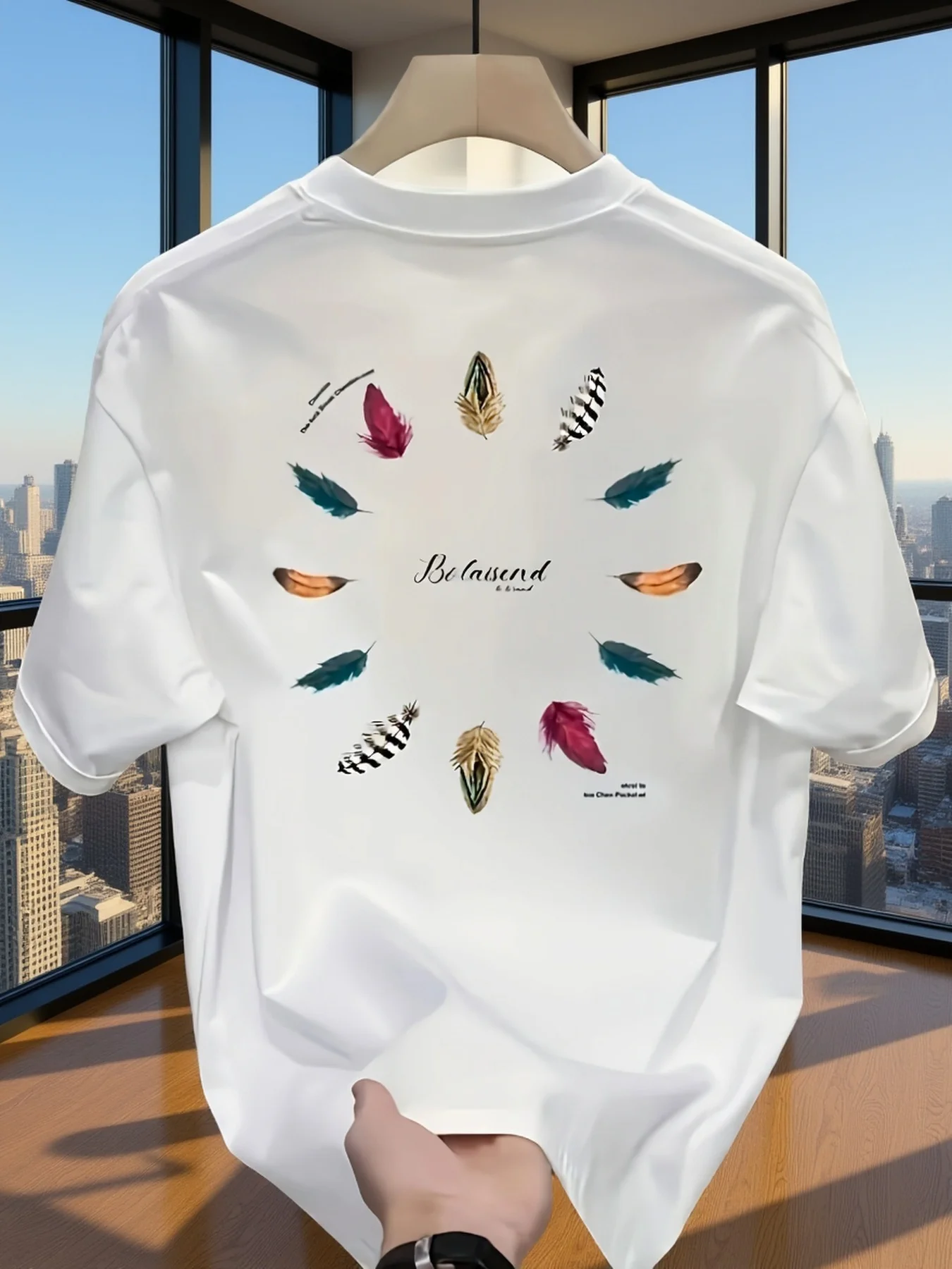 Men's Summer 100 Cotton Fashionable Casual Colorful Feather Vitality Printed Loose Sports Round Neck Short Sleeve T-shirt Top