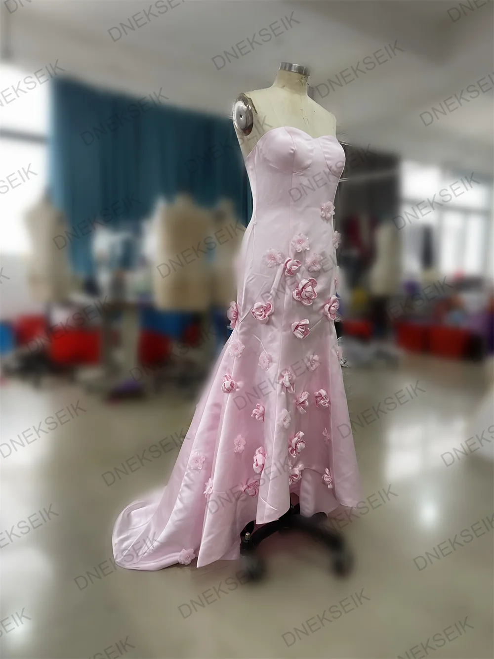 Robe de Soirée en Satin Rose à Fleurs 3D, Tenue de Bal de Forme Sirène, Faite à la Main