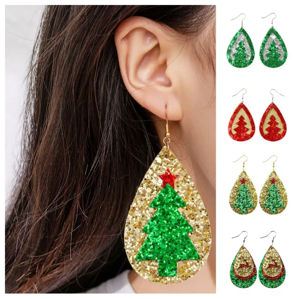 

Fashion Star Christmas Earrings Glitter Leather Christmas Tree Ear Studs Jewelry Drop-shaped Shiny Christmas Pendant Accessories