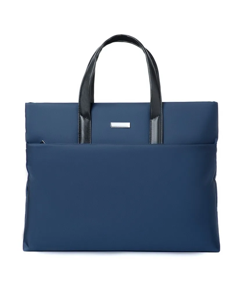 Navy Blue Business Tote Bag With Black Leather Trim Matte Finish Front Slip Pocket For Work And Daily Use