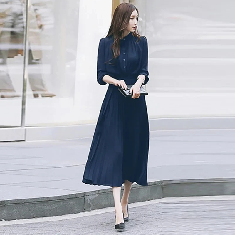 

Spring Autumn New Fashion Women's Solid Color Simple Basic Casual Trendy Elegant Button Long Sleeve Ankle Length Chiffon Dresses