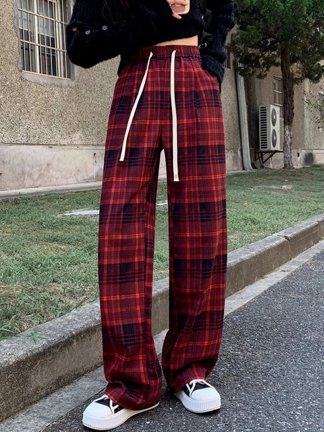American Retro Color-Block Plaid Sweatpants for Women, New Autumn and Winter Loose Casual Versatile High-Waisted Slimming Wide-Leg Pants for Women