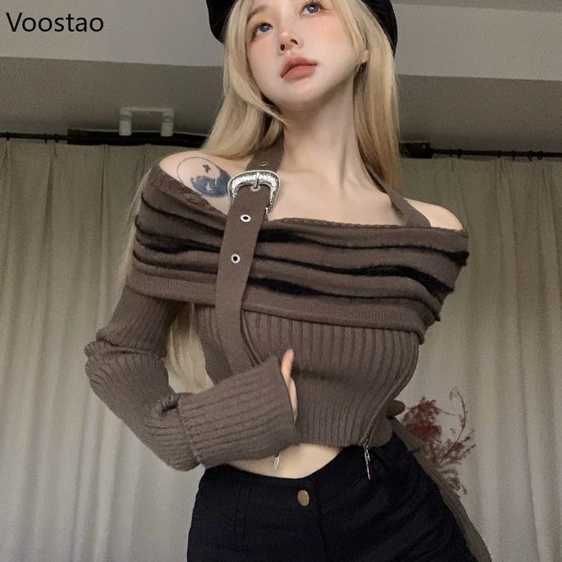 Spring Autumn Harajuku Y2k Knitted Pullover Women Sexy Off Shoulder Long Sleeve Cropped Sweater Female Korean Punk Knitwear Tops