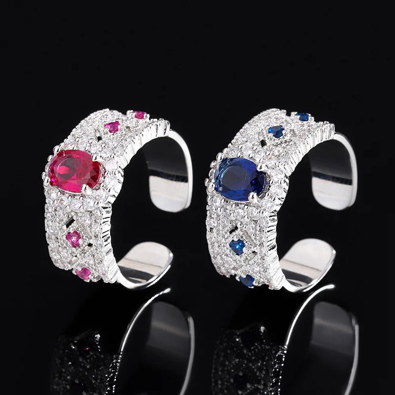 

Vintage Open Ring Red Corundum Open Gemstone Ring Korean Style Personality Simple Blue Sapphire Ring Fashion Index Finger Ring