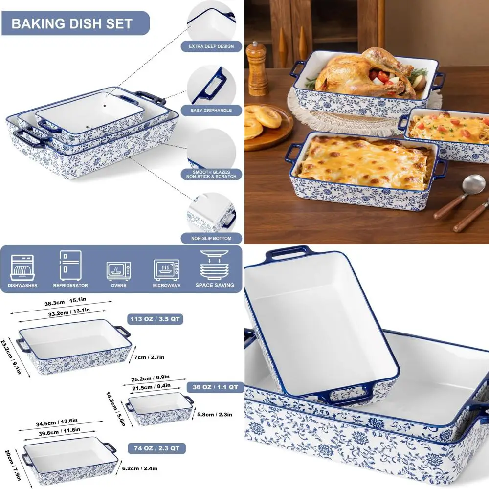 

Синий прямоугольный керамический набор кастрюль, безопасный в духовке, из 3 предметов для кухни, посудомоечной машины и микроволновой печи, идеально подходит для лазаньи и ежедневного использования
